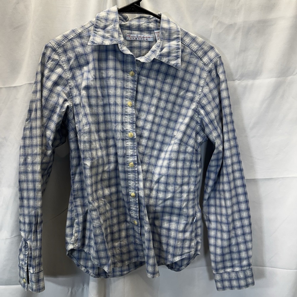 Gloria Vanderbilt women's M blue plaid long sleeve button up shirt top w/ collar